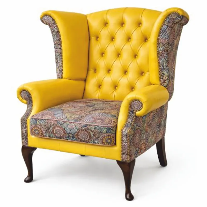 Casa Padrino Luxus Chesterfield Leder Ohrensessel Gelb / Bunt / Dunkelbraun H. 110 cm Garantierte Lieferung