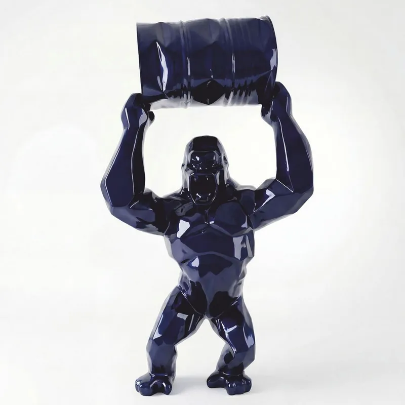 Zertifiziert Casa Padrino XXL Garten Deko Skulptur Gorilla mit Fass Metallic Blau H. 250 cm