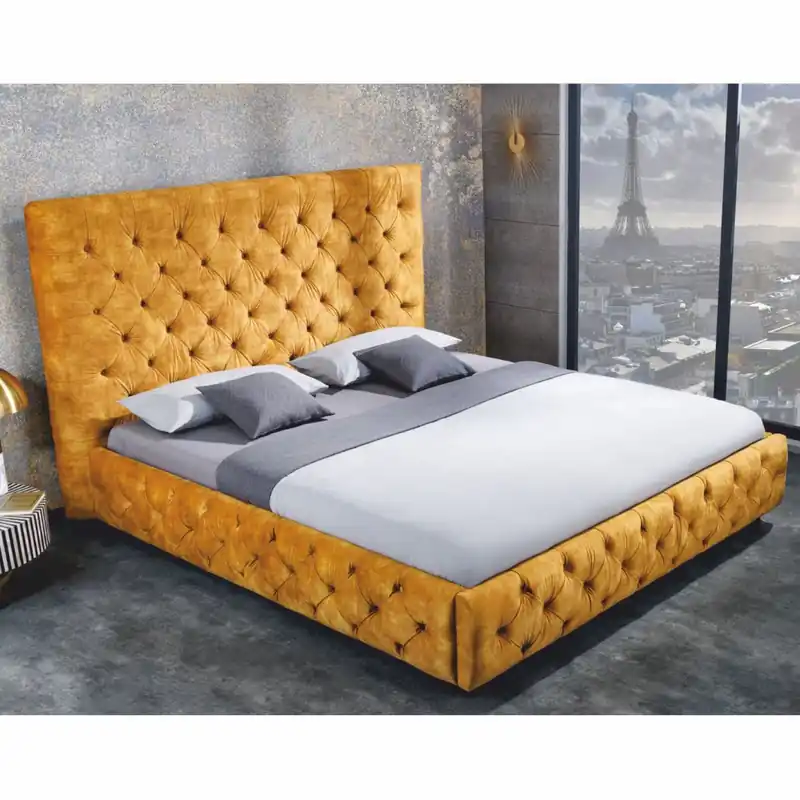 Casa Padrino Chesterfield Doppelbett Senfgelb / Schwarz 160 x 200 cm - Schlafzimmer Möbel Letzte Chance