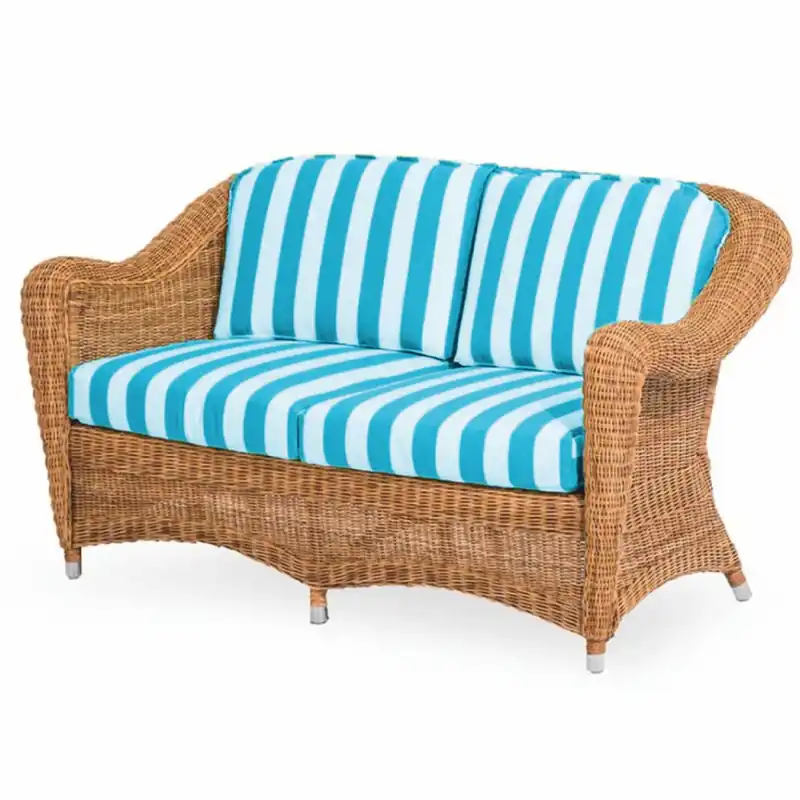 Casa Padrino Luxus Rattan 2er Sofa Honigfarben / Weiß / Blau 140 cm - Rattan Möbel Begrenztes Angebot