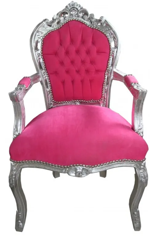 Casa Padrino Baroque Dinner Chair Pink / Silver with armrest Direkt Vom Hersteller