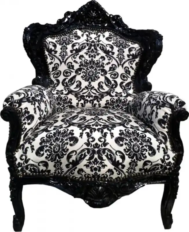 Baroque Armchair "King" Black / White Flowers Highlight