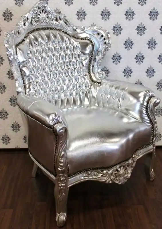 Baroque Chair King silver / silver leather look - Antique Furniture Letzte Chance