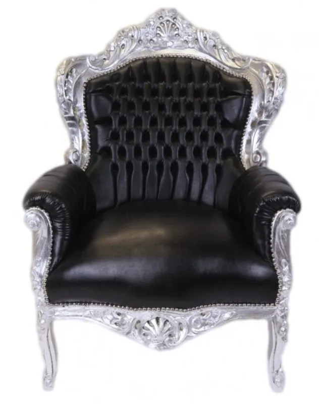 Casa Padrino Baroque Chair King Black / Silver leather look - Antique Furniture Nur Heute