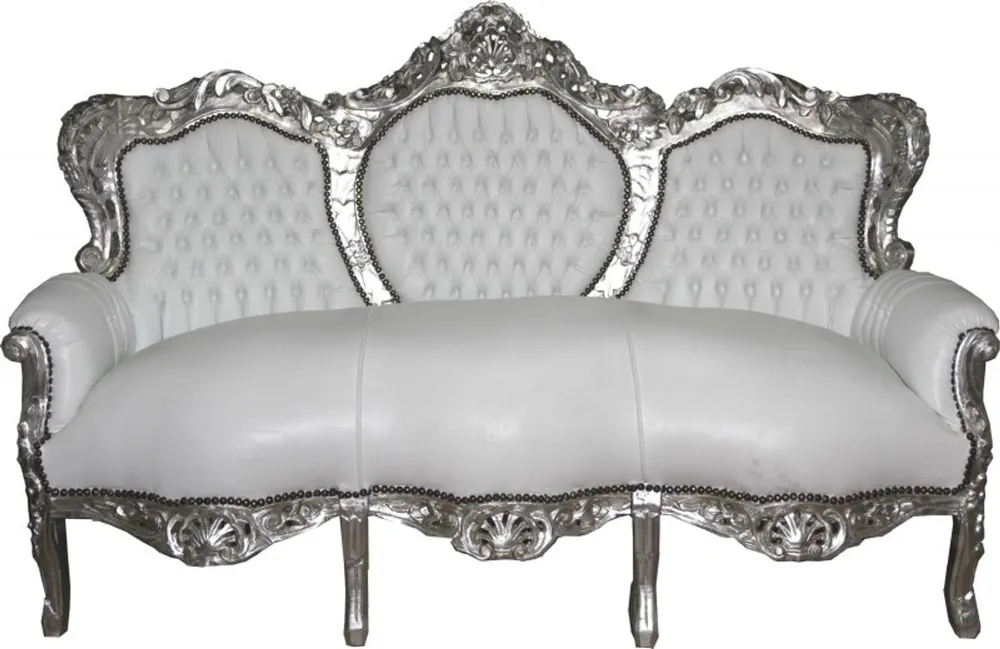 Casa Padrino Baroque Sofa King White / Silver Leather Look Preisknaller
