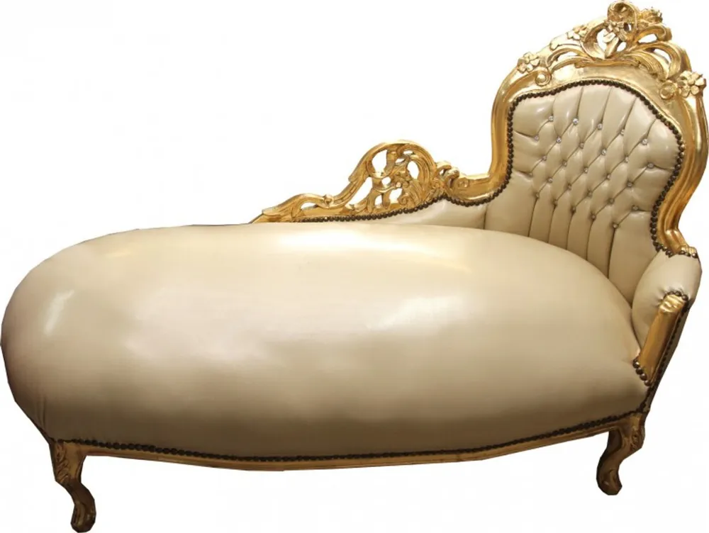 Casa Padrino baroque chaise longue cream / gold leather look with bling bling rhinestones - Chaise lounge couch Neu