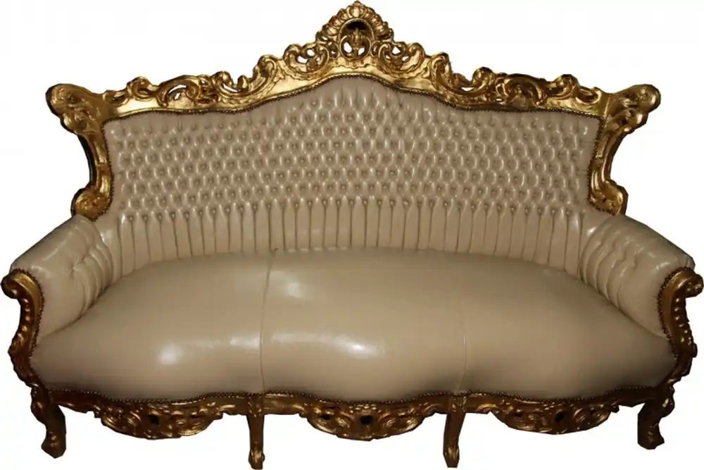 Casa Padrino Baroque master cream 3 seater leather look / Gold - Antique Style Furniture Preis Gesenkt