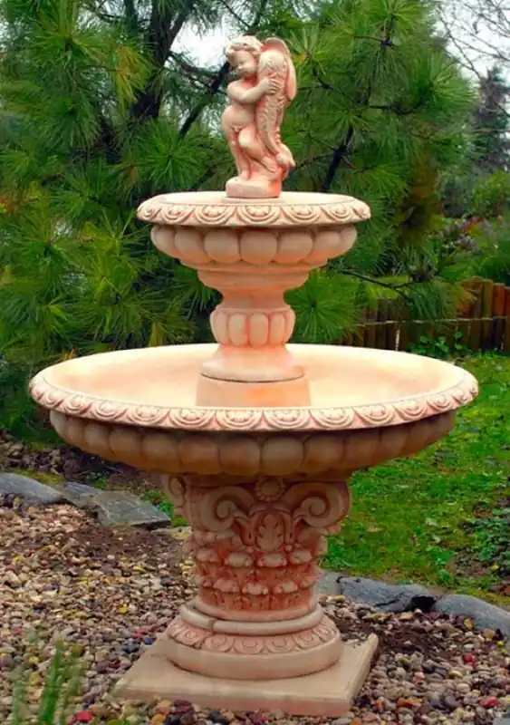 Casa Padrino Fontaine de Jardin Art Nouveau Garçon avec Poisson Doré Beige / Rouge Ø 114 x H. 171 cm - Fontaine Garden Deco Fontaine Printanière Top-Preis
