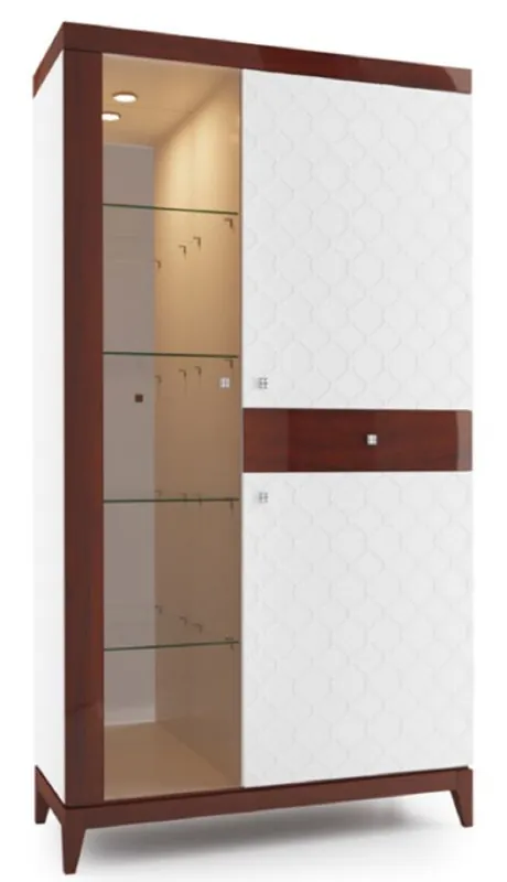 Casa Padrino Armoire Vitrine de Luxe Blanc / Marron Brillant 111,2 x 45 x H. 205 cm - Armoire de Salon Lumineux avec 2 Portes et Tiroir - Meubles de Salon Abverkauf