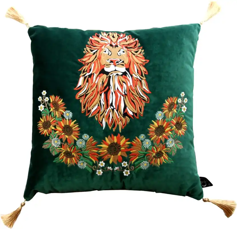 Highlight Coussin décoratif de luxe Casa Padrino avec des glands Lion Green / Gold 45 x 45 cm - velours de qualité supérieure - qualité luxe