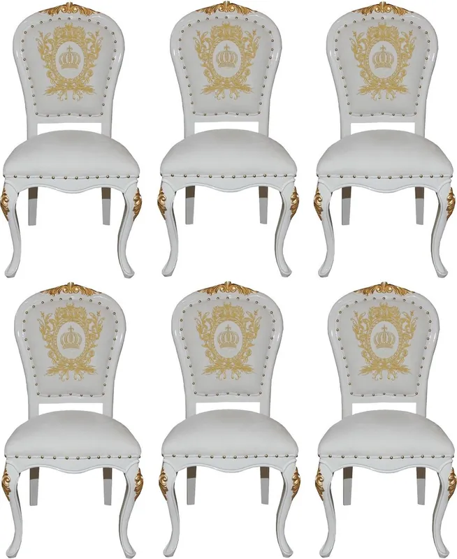 Chaises de Salle à Manger Baroque de Luxe avec Couronne Pompöös by Casa Padrino Blanc / Or - Chaises Baroque de Pompöös Conçues par Harald Glööckler - 6 Chaises de Salle à Manger - Mobilier de Salle à Manger Baroque Billig