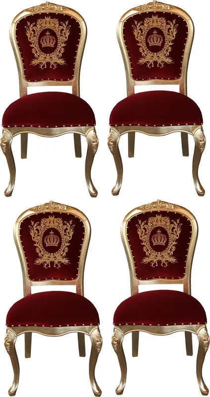 Sonderaktion Chaises de Salle à Manger Baroque de Luxe avec Couronne Pompöös by Casa Padrino Bordeaux Rouge / Or - Chaises Baroque de Pompöös Conçues par Harald Glööckler - 4 Chaises de Salle à Manger