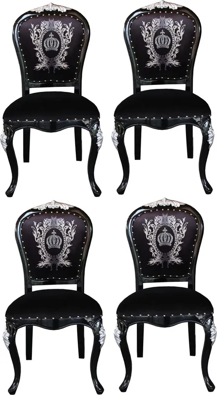 Markenware Chaises de Salle à Manger Baroque de Luxe avec Couronne Pompöös by Casa Padrino Noir / Argent - Chaises Baroque de Pompöös Conçues par Harald Glööckler - 4 Chaises de Salle à Manger
