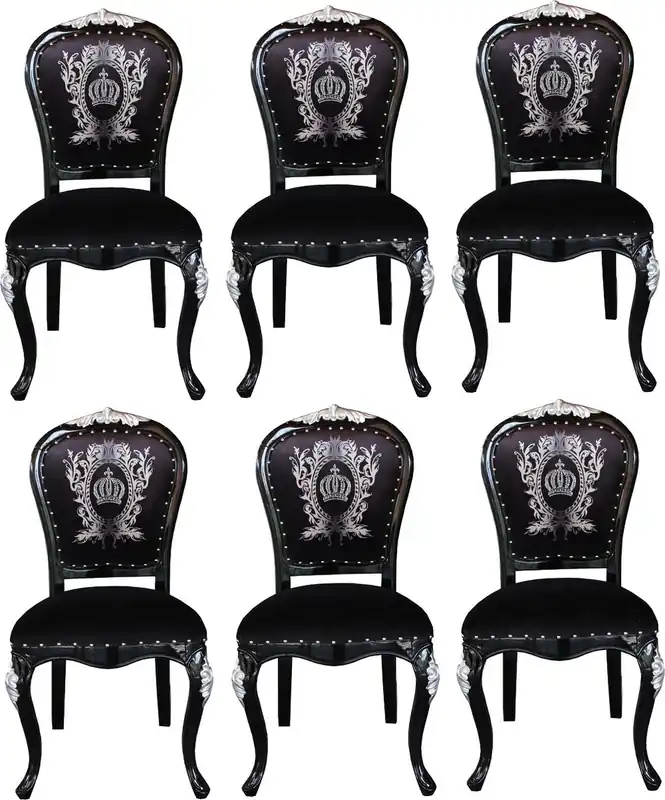 Highlight Chaises de Salle à Manger Baroque de Luxe avec Couronne Pompöös by Casa Padrino Noir / Argent - Chaises Baroque de Pompöös Conçues par Harald Glööckler - 6 Chaises de Salle à Manger
