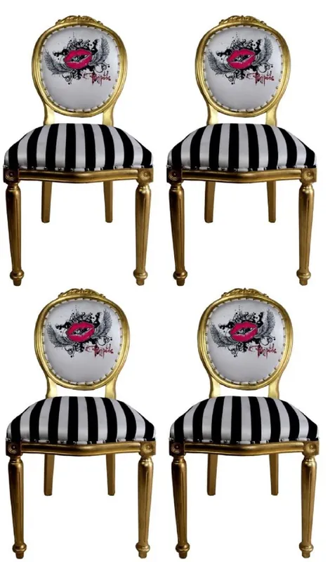 Mega-Angebot Chaises de Salle à Manger Baroque de Luxe Rose Lèvres Pompöös by Casa Padrino Noir / Rayures Blanches / Or - Chaises Baroque de Pompöös Conçues par Harald Glööckler - 4 Chaises de Salle à Manger