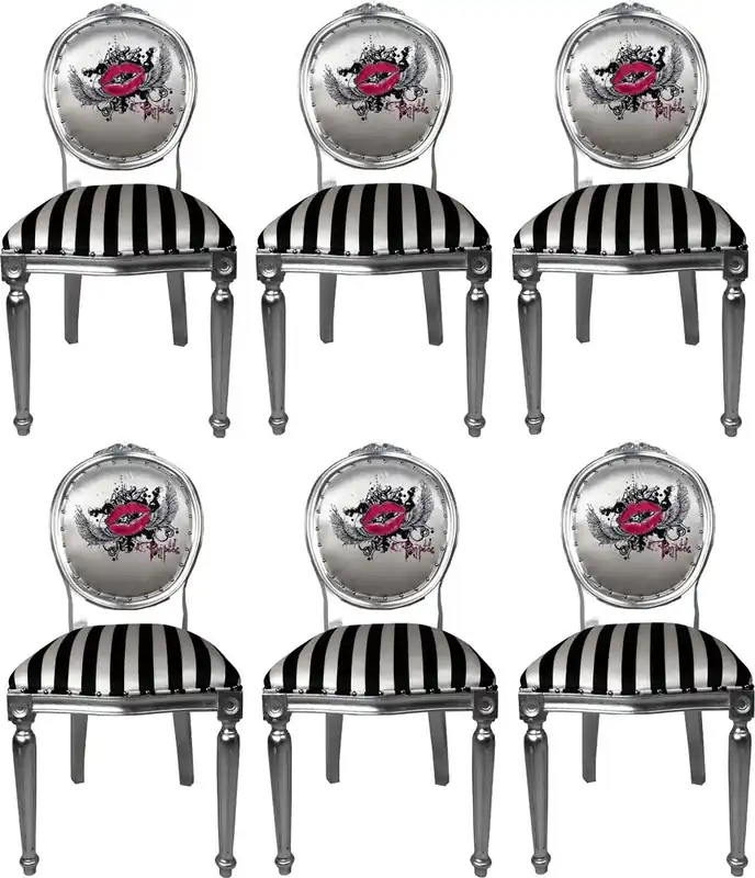 Chaises de Salle à Manger Baroque de Luxe Rose Lèvres Pompöös by Casa Padrino Noir / Rayures Blanches / Argent - Chaises Baroque de Pompöös Conçues par Harald Glööckler - 6 Chaises de Salle à Manger Sofort Bestellen