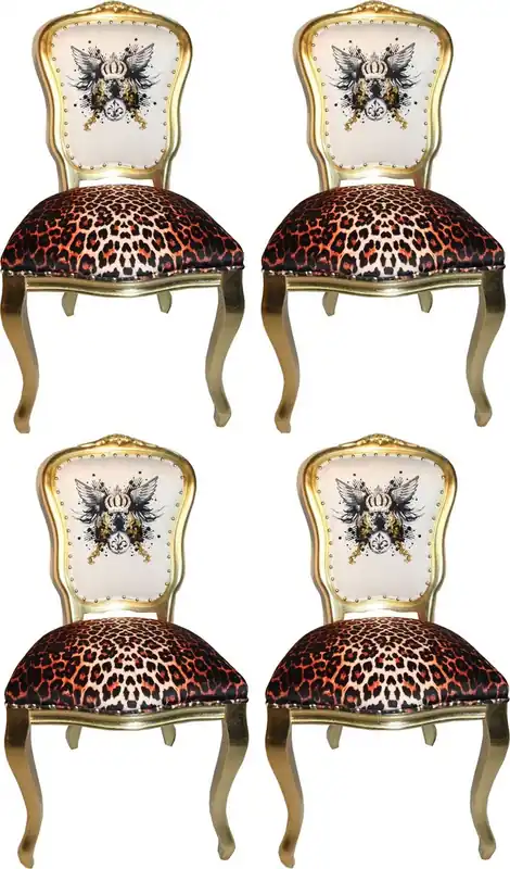 Chaises de Salle à Manger Baroque de Luxe Pompöös by Casa Padrino Couronne de Paillettes et Ailes d'Ange Léopard / Blanc / Or 50 x 60 x H.104 cm - Chaises Baroque de Pompöös Conçues par Harald Glööckler - 4 Chaises de Salle à Manger Preisreduziert