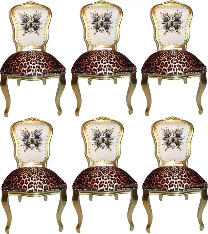Schnäppchen Chaises de Salle à Manger Baroque de Luxe Pompöös by Casa Padrino Couronne de Paillettes et Ailes d'Ange Léopard / Blanc / Or 50 x 60 x H.104 cm - Chaises Baroque de Pompöös Conçues par Harald Glööckler - 6 Chaises de Salle à Manger