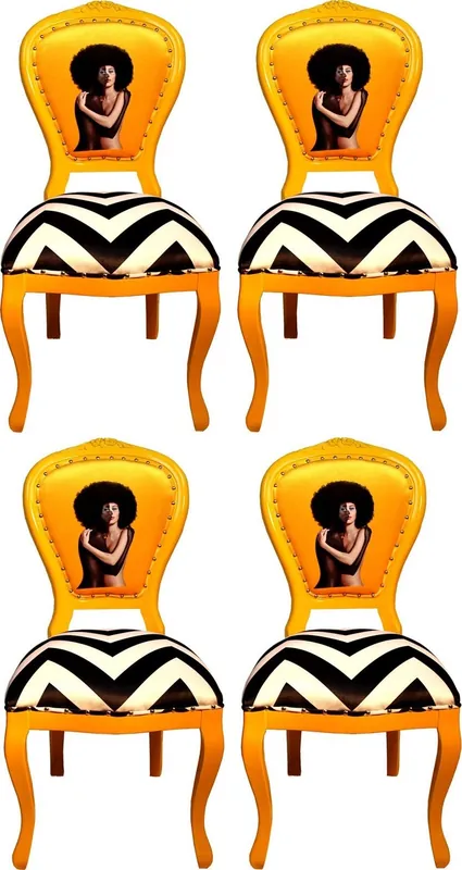 Casa Padrino Ensemble de Chaises de Salle à Manger Baroque de Luxe Noir / Rayures Blanc / Jaune 55 x 54 x H. 103 cm - 4 Chaises de Salle à Manger Faites Main - Mobilier de Salle à Manger Baroque Saisonangebot