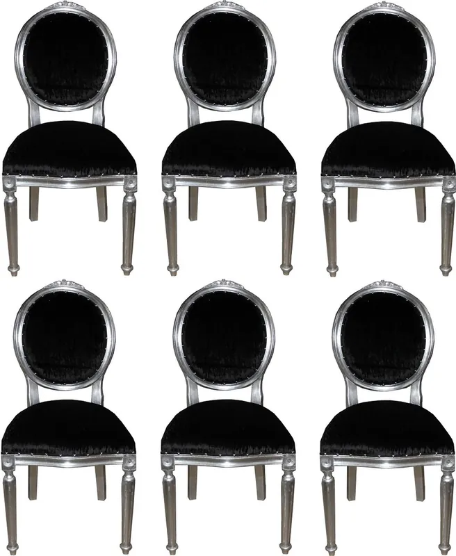 Casa Padrino Ensemble de Chaises de Salle à Manger Baroque de Luxe Médaillon Noir / Argent 50 x 52 x H. 99 cm - 6 Chaises Faites Main - Mobilier de Salle à Manger Baroque Mega-Angebot