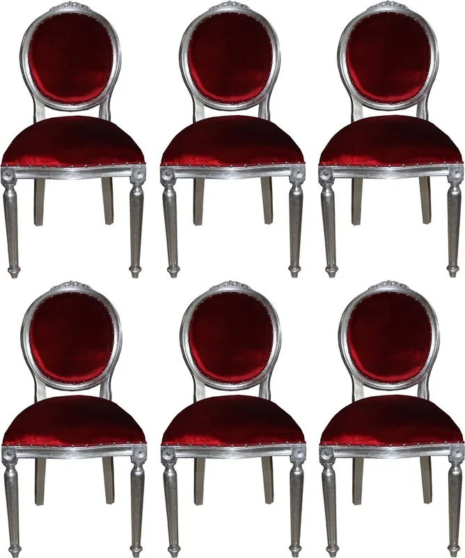 Sonderangebot Casa Padrino Ensemble de Chaises de Salle à Manger Baroque de Luxe Médaillon Bordeaux Rouge / Argent 50 x 52 x H. 99 cm - 6 Chaises Faites Main - Mobilier de Salle à Manger Baroque