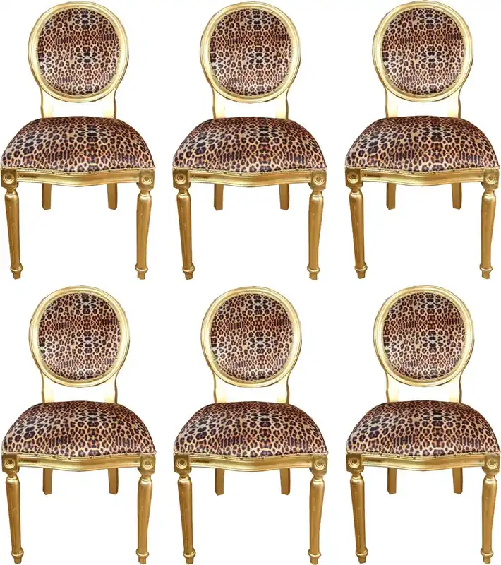 Sofort Bestellen Casa Padrino Ensemble de Chaises de Salle à Manger Baroque de Luxe Médaillon Léopard / Or 50 x 52 x H. 99 cm - 6 Chaises Faites Main - Mobilier de Salle à Manger Baroque