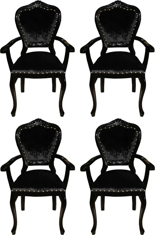 Casa Padrino Ensemble de Chaises de Salle à Manger Baroque de Luxe Noir / Noir 60 x 47 x H. 99 cm - 4 Chaises de Salle à Manger Faites Main avec Accoudoirs - Meubles de Salle à Manger Baroque Highlight