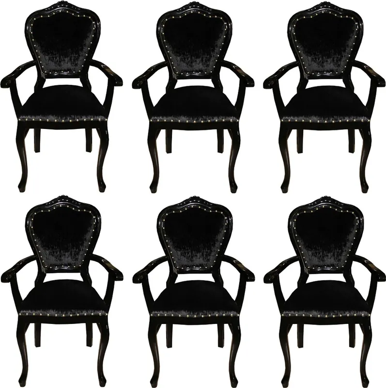 Casa Padrino Ensemble de Chaises de Salle à Manger Baroque de Luxe Noir / Noir 60 x 47 x H. 99 cm - 6 Chaises de Salle à Manger Faites Main avec Accoudoirs - Meubles de Salle à Manger Baroque Nur Heute