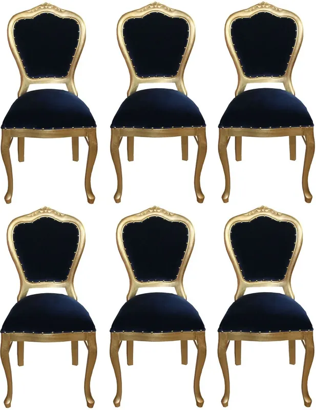 Mega-Angebot Casa Padrino Ensemble de Chaises de Salle à Manger Baroque de Luxe Bleu Royal / Or 45 x 46 x H. 99 cm - 6 Chaises de Salle à Manger Faites Main - Meubles de Salle à Manger Baroque