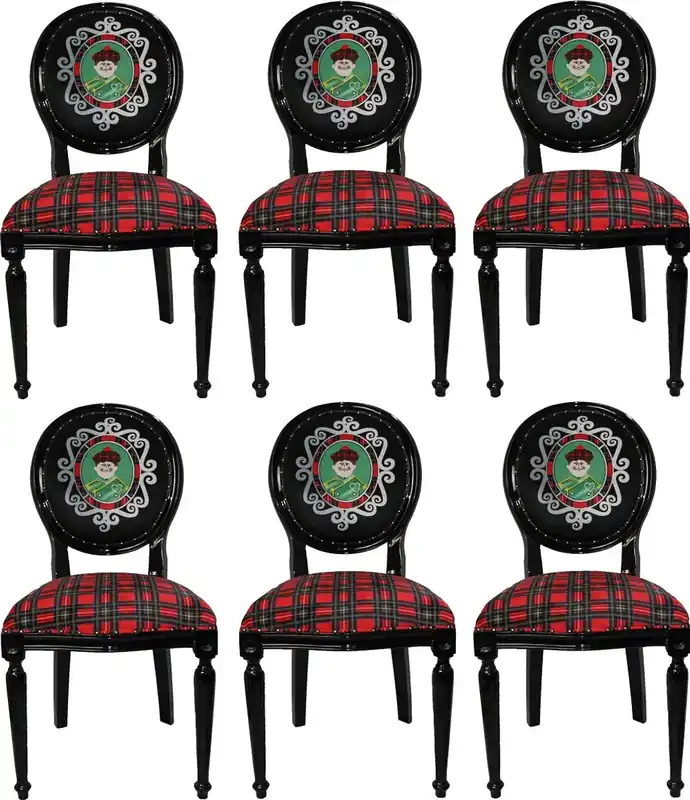 Casa Padrino Ensemble de Chaises de Salle à Manger Baroque de Luxe Homme d'Ecosse Multicolor / Noir 48 x 50 x H. 98 cm - 6 Chaises Faites Main avec Bling Bling Strass - Mobilier de Salle à Manger Baroque Super-Preis