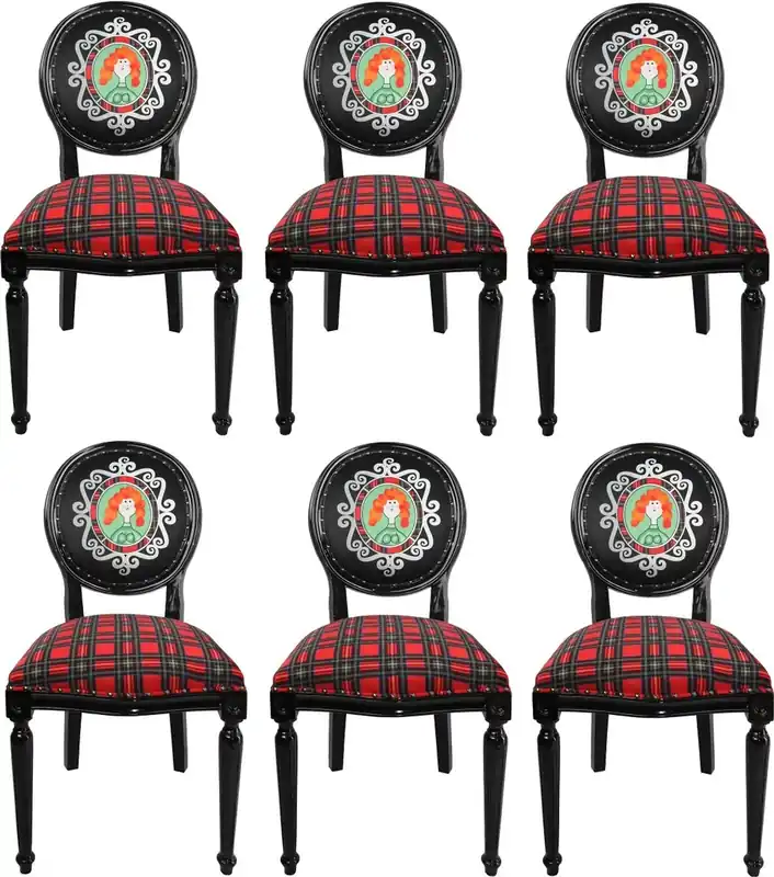 Casa Padrino Ensemble de Chaises de Salle à Manger Baroque de Luxe Femme d'Ecosse Multicolor / Noir 48 x 50 x H. 98 cm - 6 Chaises Faites Main avec Bling Bling Strass - Mobilier de Salle à Manger Baroque Meistverkauft