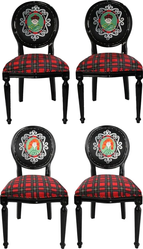 Casa Padrino Ensemble de Chaises de Salle à Manger Baroque de Luxe Mari et Femme d'Ecosse Multicolor / Noir 48 x 50 x H. 98 cm - 4 Chaises Faites Main avec Bling Bling Strass - Mobilier de Salle à Manger Baroque Schneller Versand