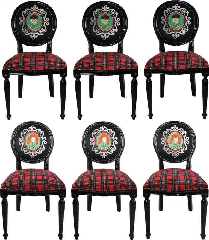 Direktkauf Casa Padrino Ensemble de Chaises de Salle à Manger Baroque de Luxe Mari et Femme d'Ecosse Multicolor / Noir 48 x 50 x H. 98 cm - 6 Chaises Faites Main avec Bling Bling Strass - Mobilier de Salle à Manger Baroque