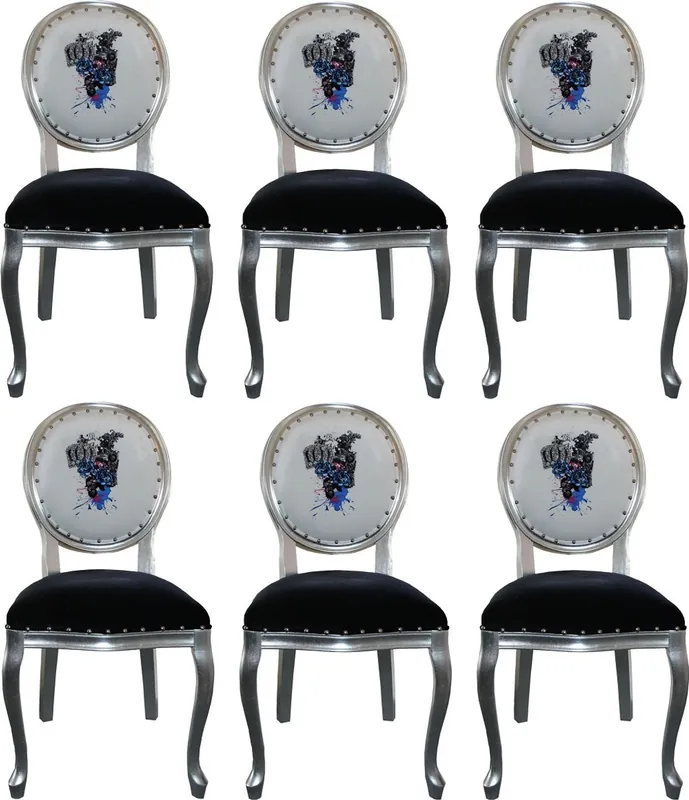 Billig Chaises de Salle à Manger Baroque de Luxe Pompöös by Casa Padrino Noir / Blanc / Argent 50 x 60 x H. 104 cm - Chaises Baroque de Pompöös Conçues par Harald Glööckler - 6 Chaises de Salle à Manger