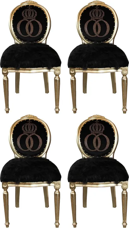 Pompöös de Casa Padrino Chaises de Salle à Manger Baroque de Luxe en Fausse Fourrure Noir / Or avec Pierres Scintillantes 50 x 60 x H. 104 cm - Chaises Baroque Pompöös Conçues par Harald Glööckler - 4 Chaises de Salle à Manger Jetzt Kaufen
