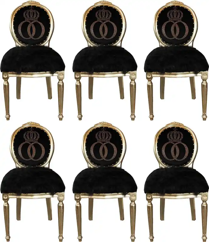 Sofort Bestellen Pompöös de Casa Padrino Chaises de Salle à Manger Baroque de Luxe en Fausse Fourrure Noir / Or avec Pierres Scintillantes 50 x 60 x H. 104 cm - Chaises Baroque Pompöös Conçues par Harald Glööckler - 6 Chaises de Salle à Manger
