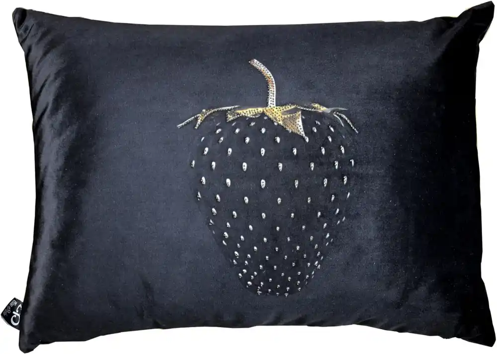 Coussin décoratif de luxe à la fraise Casa Padrino avec strass bling bling noir / or 35 x 55 cm - velours de première qualité - accessoires de décoration de luxe Must-Have