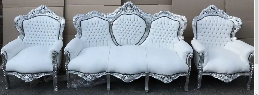 Set de canapés Casa Padrino Baroque Cuir blanc / argent + 2 fauteuils avec strass - Living Baroque Neuheit