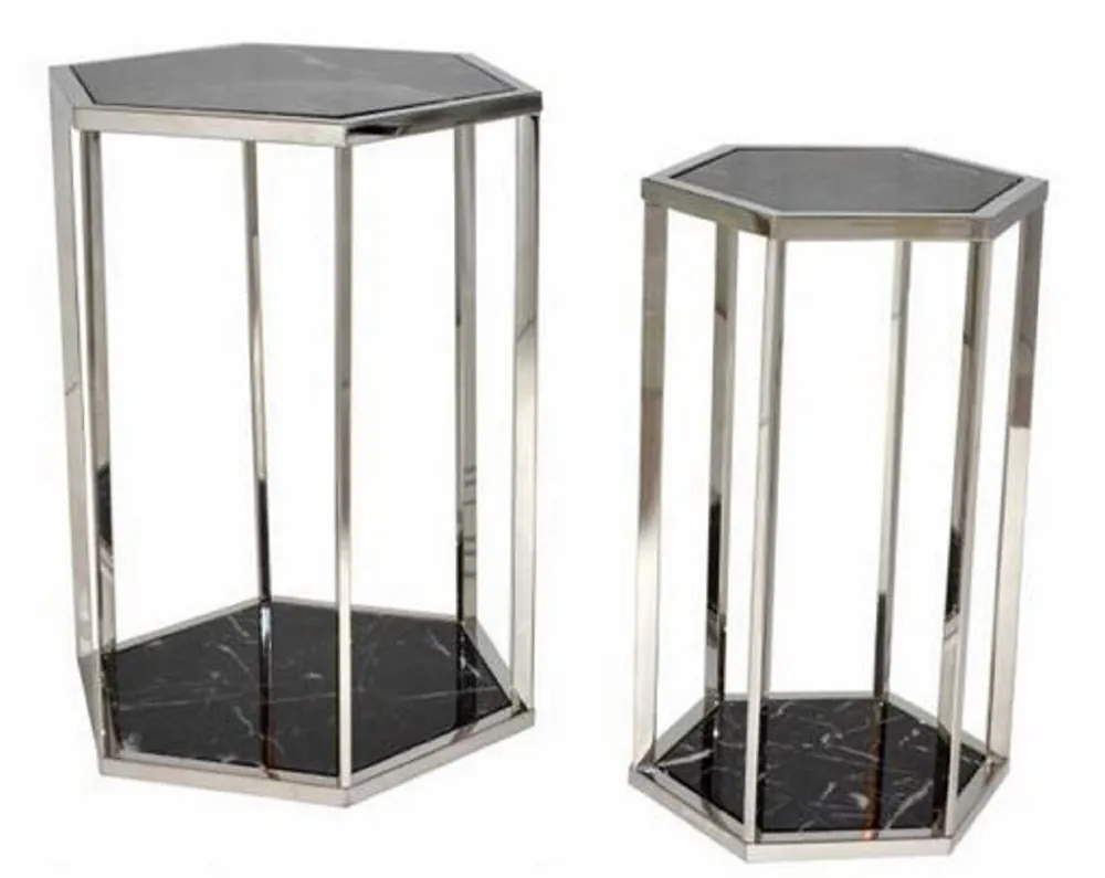 Zertifiziert Casa Padrino ensemble table d'appoint de luxe argent / noir - Tables en Acier Inoxydable avec Dalles de Marbre - Collection de Luxe
