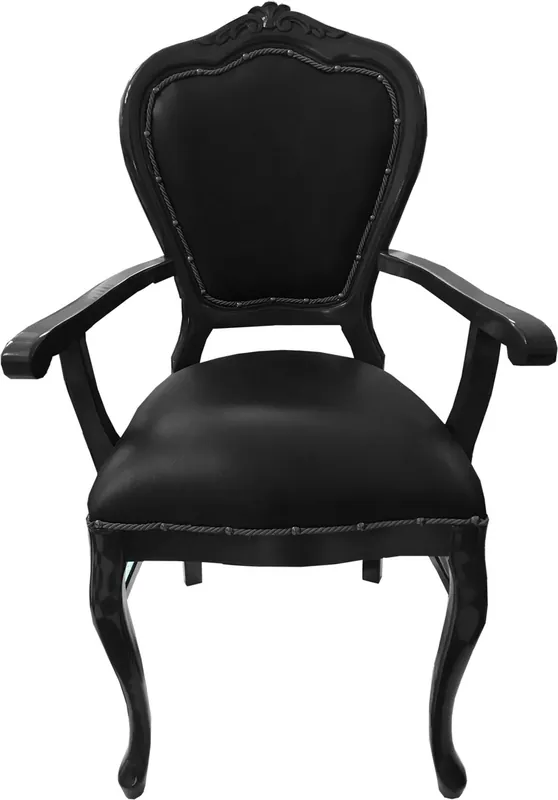 Casa Padrino - Chaise de salle à manger en cuir véritable de luxe baroque, noir / noir avec accoudoirs - Mobilier fait à la main avec cuir véritable Top-Seller