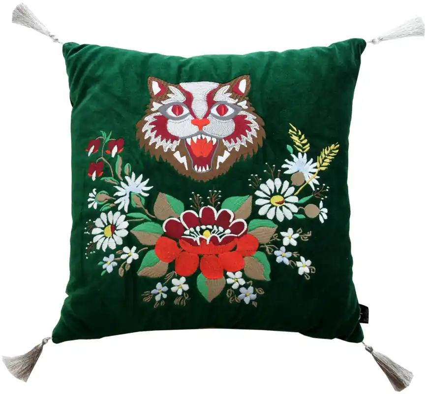 Abverkauf Coussin décoratif de luxe Casa Padrino avec des glands Cat vert / blanc 45 x 45 cm - velours de première qualité - coussin de salon