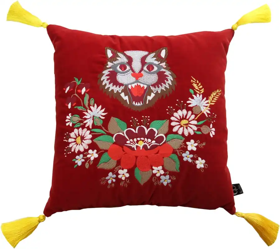 Begrenztes Angebot Coussin décoratif de luxe avec pompons Casa Padrino Chat rouge / jaune 45 x 45 cm - Velours de luxe - Coussin vivant
