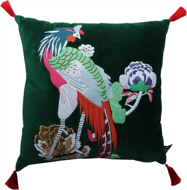 Schneller Versand Coussin décoratif de luxe Casa Padrino avec des glands Bird Green / Red 45 x 45 cm - velours de qualité - Accessoires de décoration de luxe