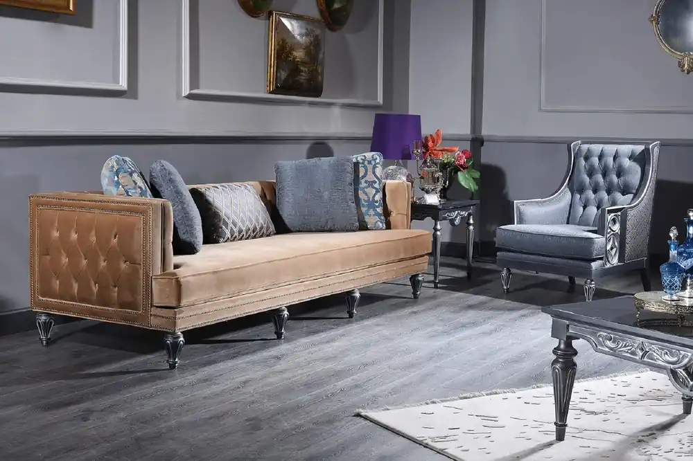 Sofort Bestellen Casa Padrino Canapé Chesterfield Baroque de Luxe Beige / Argent 250 x 92 x H. 85 cm - Mobilier Baroque