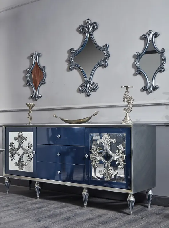 Casa Padrino ensemble de salle de séjour baroque de luxe bleu / argent - Commode avec 3 Miroirs - Meubles de Salon Baroques Letzte Chance