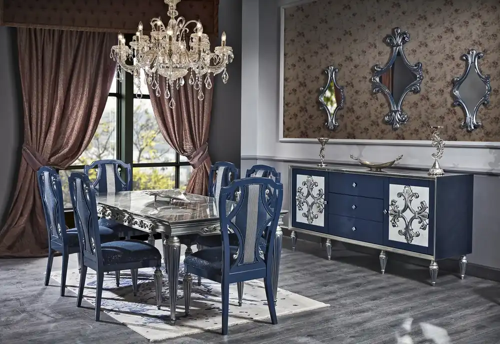 Casa Padrino Ensemble de Salle à Manger Baroque de Luxe Bleu / Argent - Table à Manger et 6 Chaises de Salle à Manger - Mobilier de Salle à Manger Baroque Meistverkauft