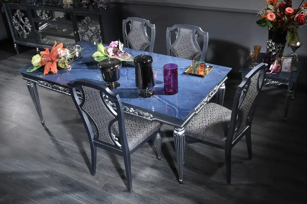Saisonangebot Casa Padrino Ensemble de Salle à Manger Baroque de Luxe Bleu / Gris / Argent - Table à Manger et 4 Chaises de Salle à Manger - Mobilier de Salle à Manger Baroque