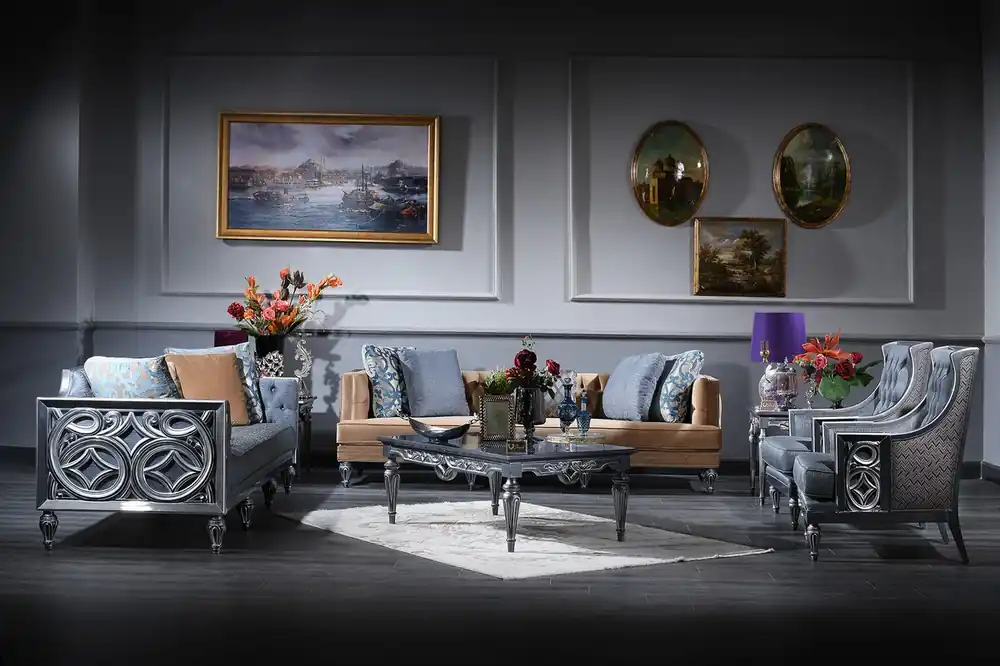 Casa Padrino ensemble de salle de séjour baroque de luxe bleu / beige / argent - 2 Canapés & 2 Fauteuils & Table Basse - Meubles de Salon Baroques Jetzt Kaufen