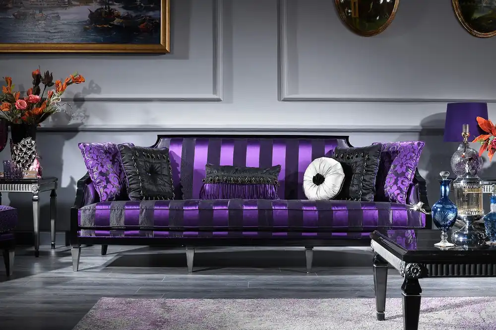 Casa Padrino Canapé Baroque de Luxe Violet / Noir / Argent 244 x 95 x H. 88 cm - Mobilier de Salon Baroque Aktuell