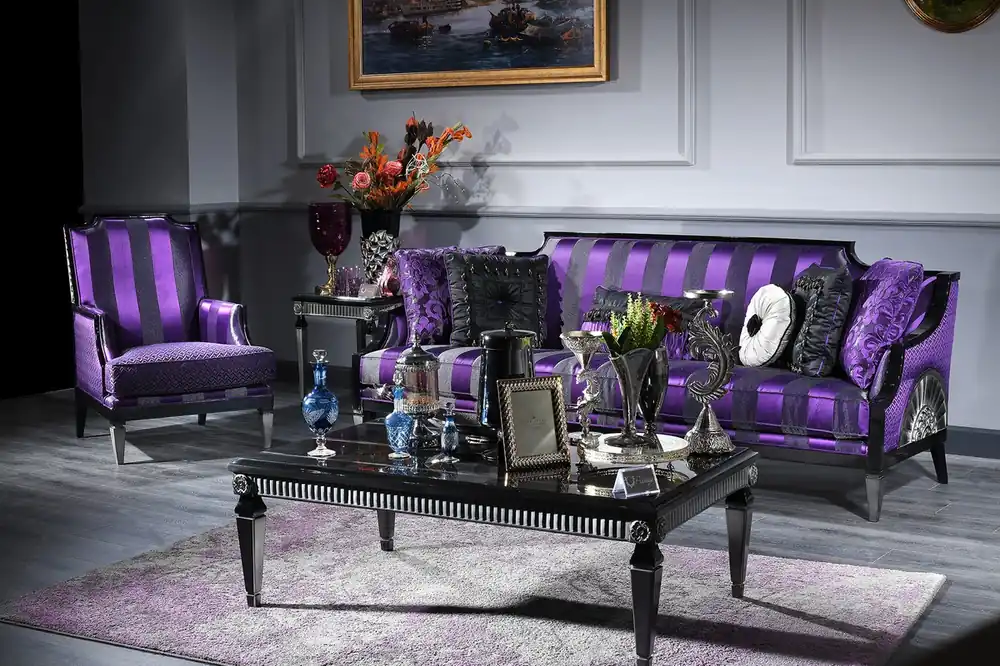Saisonangebot Casa Padrino ensemble de salle de séjour baroque de luxe pourpre / noir / argent - 1 Canapé & 1 Fauteuil & 1 Table Basse & 1 Table d'Appoint - Meubles Baroques
